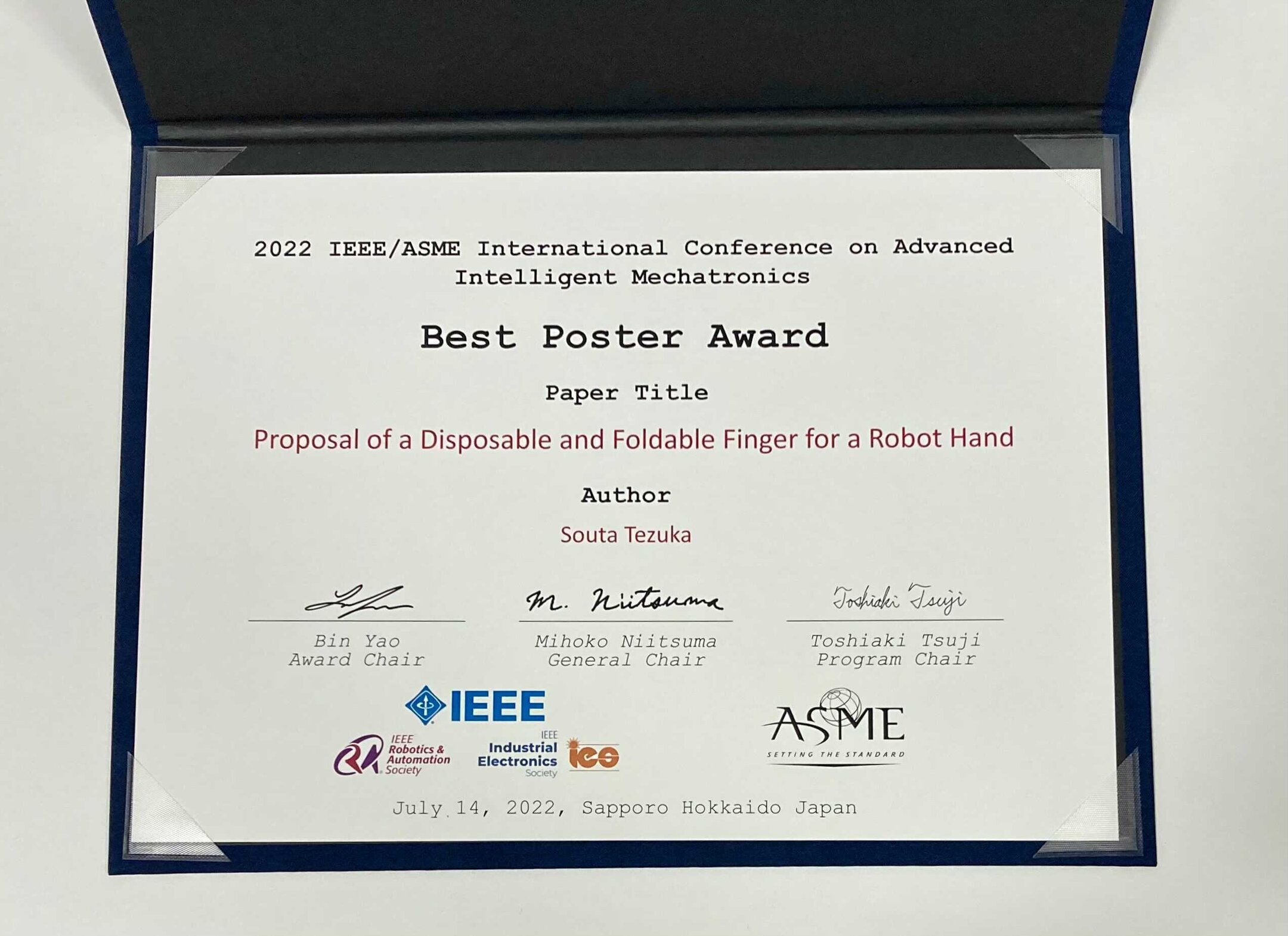 受賞 2022 IEEE/ASME International Conference on Advanced Intelligent
